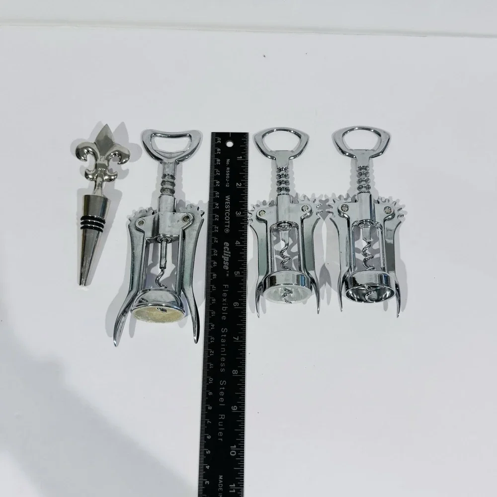 Lot Of‎ 3 Wing Cork Screw Bottle Openers & 1 Fleur De Lis Chrome Bottle Stopper